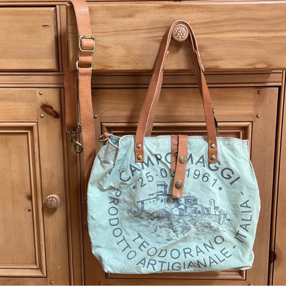 NWT CAMPOMAGGI Handmade in Italy Pistachio Green Campani Shopper Long Handles